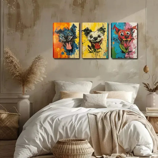 3pcs Tongue-Out Dog Illustrations Wall Art Set Canvas Framed 40x60cm - High Quality Print 100% Australian Made Wall Canvas Ready to Hang