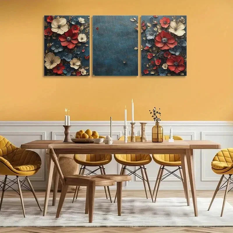 3pcs Vibrant Red Flowers, Blue Background Metal Print Ready to Hang Art