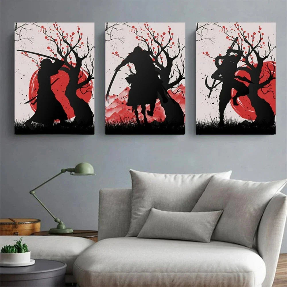 3pcs Samurai Cherry Blossom Warrior Metal Print Ready to Hang Art