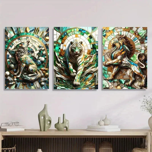 3pcs Tiger, Lion, Wolf in Abstract Woodland Metal Print Ready to Hang Art