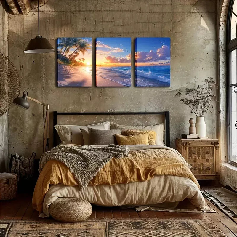 3pcs Beach And Sunrise, Paint Wall Art Set Canvas Framed 40x60cm - High Quality Print 100% Australian Made Wall Canvas Ready to Hang