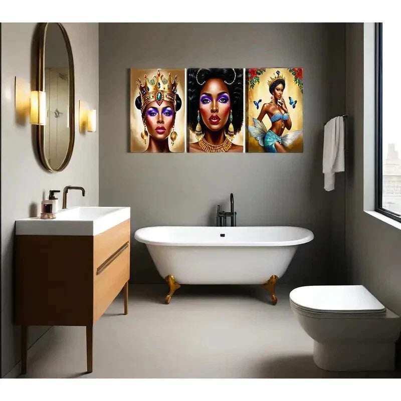 3pcs Portrait Fashion crown Golden Black Girl Metal Print Ready to Hang Art