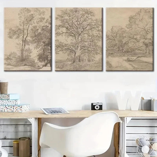 3pcs Vintage Decor - Trees Sketch Style Metal Print Ready to Hang Art