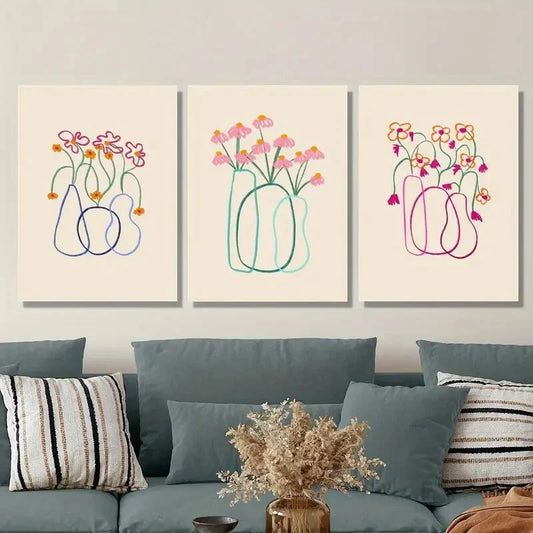 3pcs Pink Vase with Blue and Pink Flowers Bouquet Metal Print Ready to Hang Art