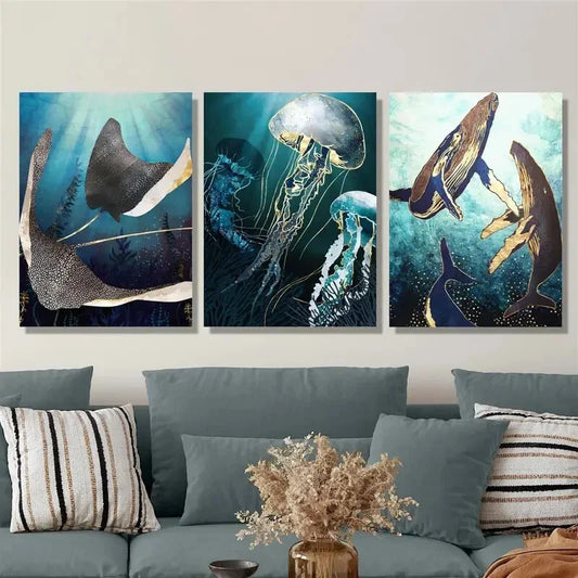 3pcs Abstract fantasy ocean whale octopus Metal Print Ready to Hang Art
