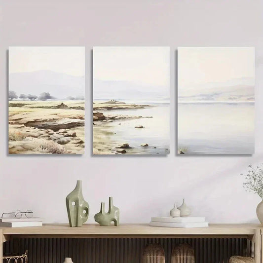 3pcs Serene Watercolor Landscape with Sandy Shore Metal Print Ready to Hang Art