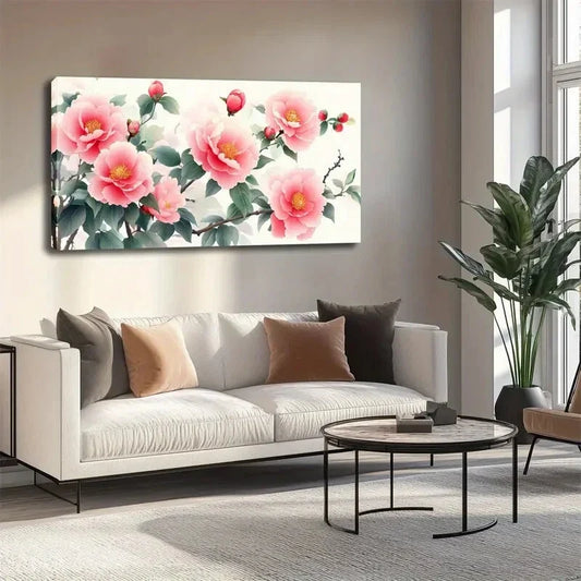 Camellias & Green Leaves Wall Art canvas office home room framed 120x60cm