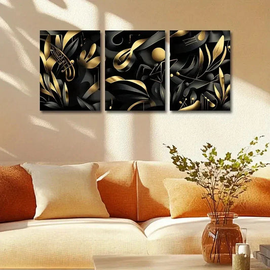 3pcs Modern Golden & Black Swirls Design Metal Print Ready to Hang Art