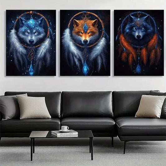 3pcs Mystical Wolf Fox Dreamcatcher Spirit Wall Art Set Canvas Framed 40x60cm - High Quality Print 100% Australian Made Wall Canvas Ready to Hang