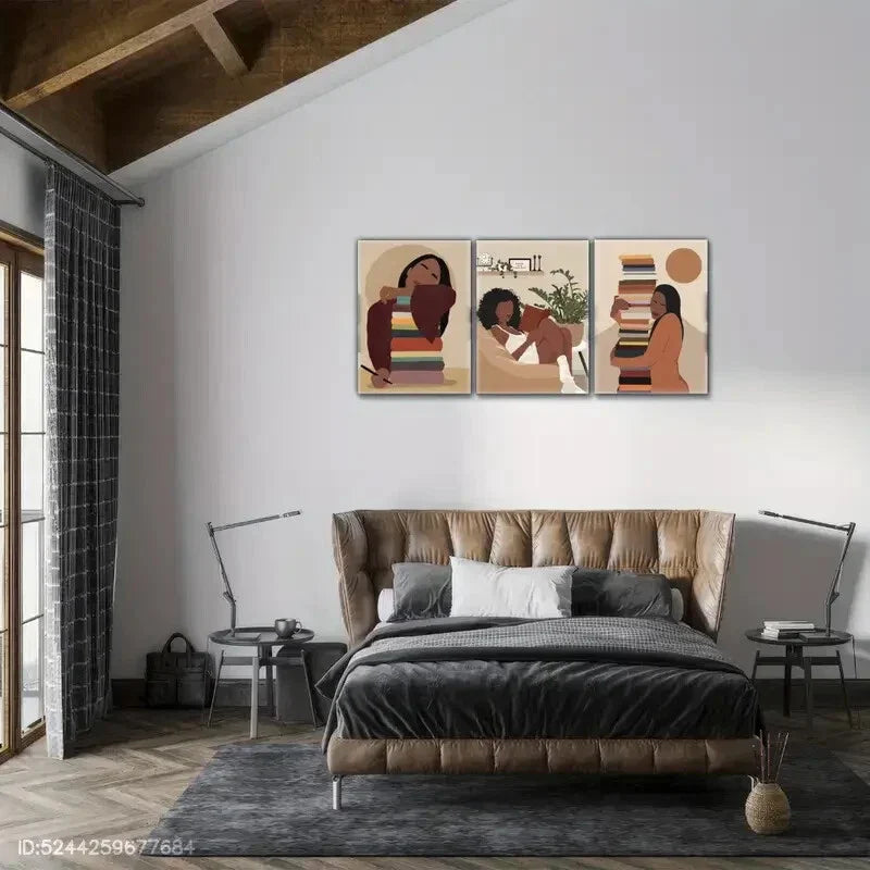 3pcs African American Girl In Her Room With Books Metal Print Ready to Hang Art