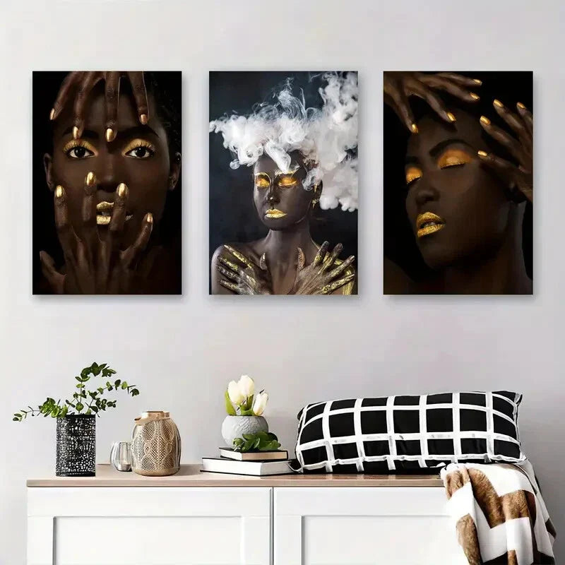 3pcs Golden Hand And Smoke Portrait Triptych Metal Print Ready to Hang Art