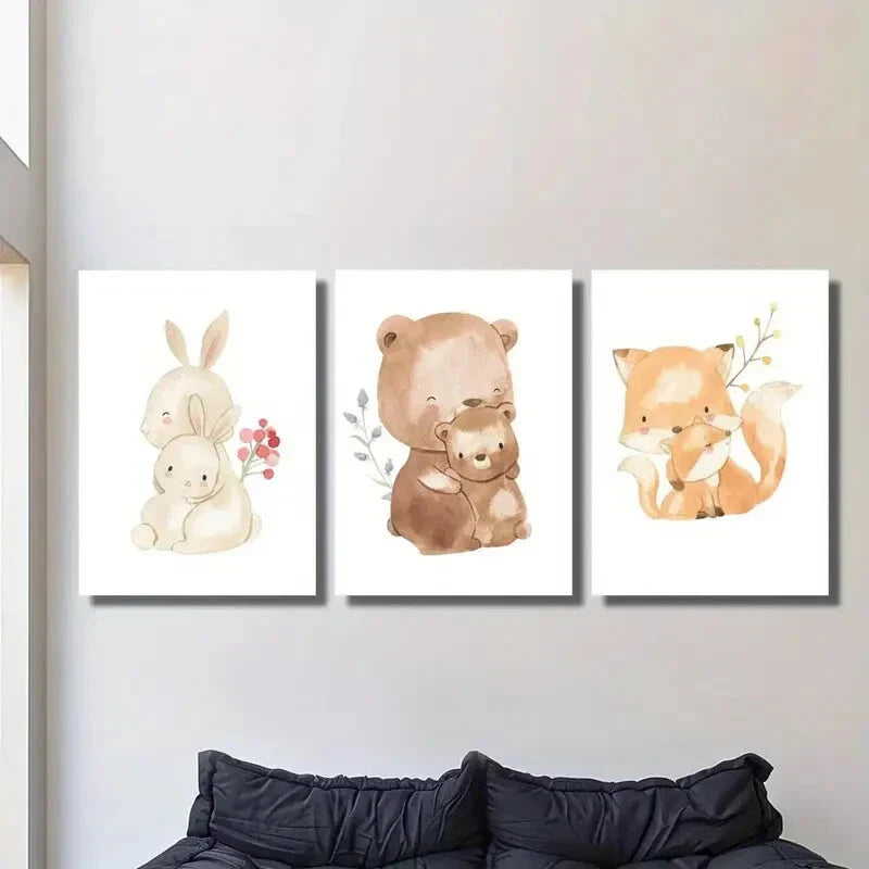 3pcs artoon Bunny & Bear Family, Cute Animal Wall Art Set Canvas Framed 40x60cm - High Quality Print 100% Australian Made Wall Canvas Ready to Hang