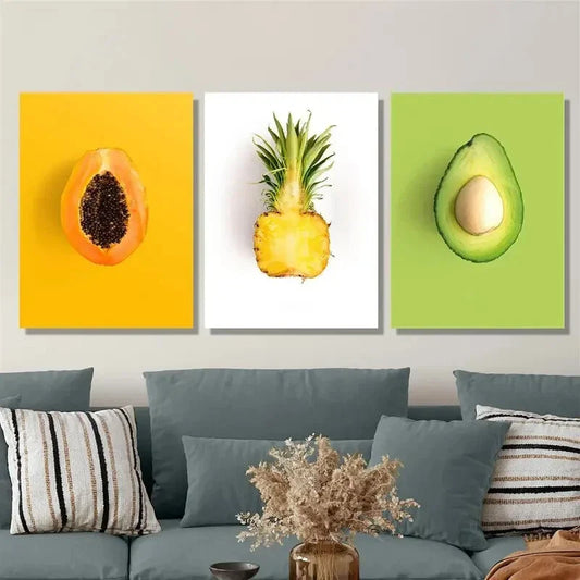 3pcs Fresh papaya, pineapple, avocado, simple Metal Print Ready to Hang Art