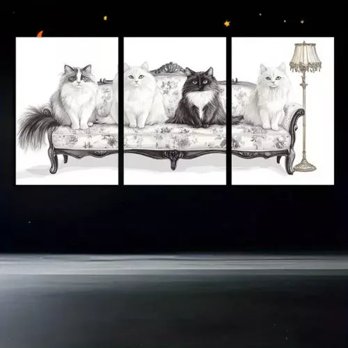3pcs Black & White Cats In Sofa Canvas Framed 40x60cm - High Quality Print 100% Australian Made Wall Canvas Ready to Hang
