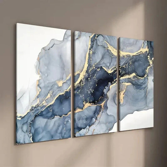 3pcs Blue & Golden Marble Texture Decor Wall Art Set Canvas Framed 40x60cm - High Quality Print 100% Australian Made Wall Canvas Ready to Hang