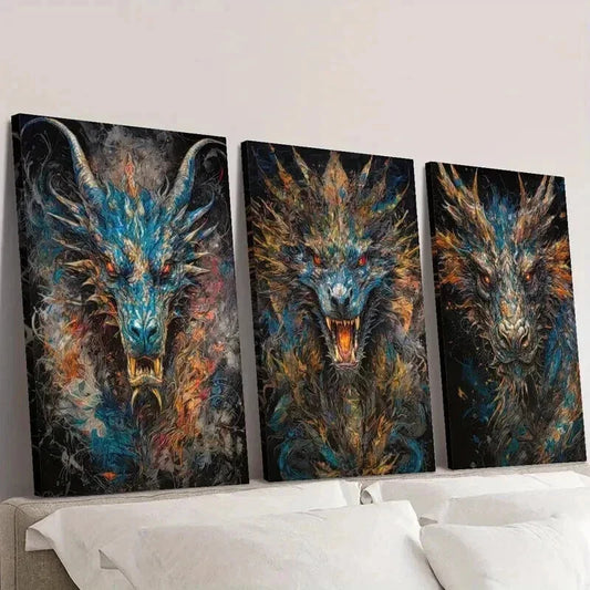 3pcs Colorful Fantasy Dragon Illustrations Wall Art Set Canvas Framed 40x60cm - High Quality Print 100% Australian Made Wall Canvas Ready to Hang