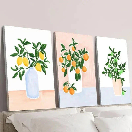 3pcs Plant Arrangement with Lemons & Oranges Wall Art Set Canvas Framed 40x60cm - High Quality Print 100% Australian Made Wall Canvas Ready to Hang
