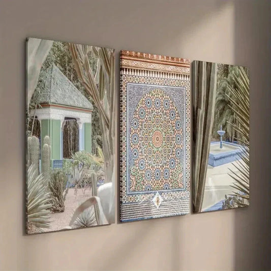 3pcs Moroccan Green Garden & Magical Cactus Wall Art Set Canvas Framed 40x60cm - High Quality Print 100% Australian Made Wall Canvas Ready to Hang