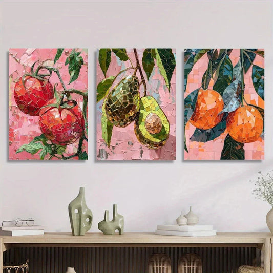 3pcs Tomatoes, Avocados And Oranges Metal Print Ready to Hang Art