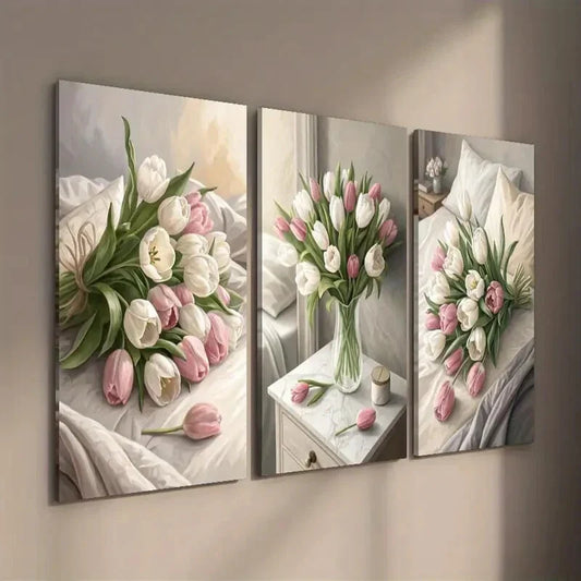 3pcs Tulip Flower Bouquet Botanical Flower Wall Art Set Canvas Framed 40x60cm - High Quality Print 100% Australian Made Wall Canvas Ready to Hang