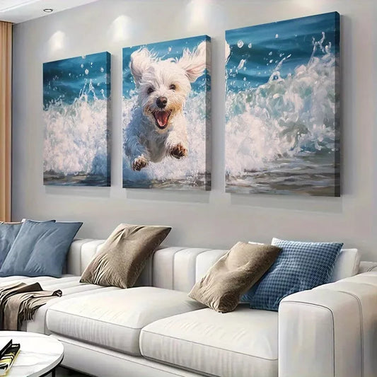3pcs Playful White Dog Jumping in Ocean Waves Wall Art Set Canvas Framed 40x60cm - High Quality Print 100% Australian Made Wall Canvas Ready to Hang