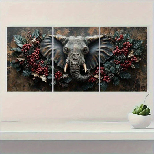 3pcs Elephant Wreath Design Animal Themed Metal Print Ready to Hang Art