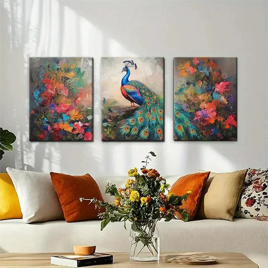 3pcs Colorful Peacock and Floral Plumage Perfect Wall Art Set Canvas Framed 40x60cm - High Quality Print 100% Australian Made Wall Canvas Ready to Hang