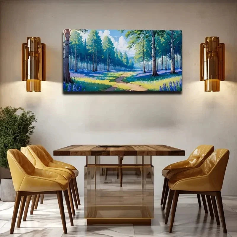 Blue Flowers The Woods Wall Art Canvas Office Home Room Framed 80x45cm