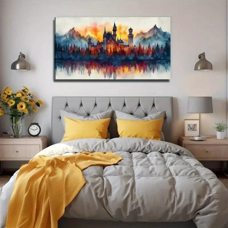 Sunset Glow Pine Tree Castle Wall Art Canvas Office Home Room Framed 80x45cm