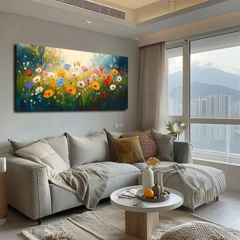Wildflowers in Pastel Landscape Wall Art Canvas Office Home Room Framed 120x60cm