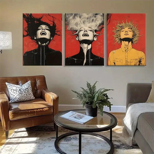 3pcs Dramatic Faces with Surreal Hair Perfect Wall Art Set Canvas Framed 40x60cm - High Quality Print 100% Australian Made Wall Canvas Ready to Hang