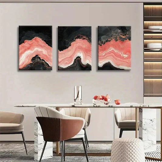 3pcs Abstract Coral Black & Pink Marble Texture Wall Art Set Canvas Framed 40x60cm - High Quality Print 100% Australian Made Wall Canvas Ready to Hang