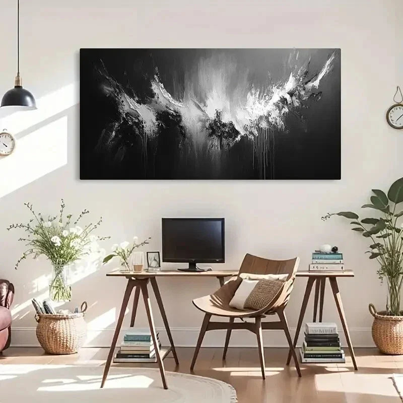 Black & White Abstract Texture Wall Art Canvas Office Home Room Framed 80x45cm