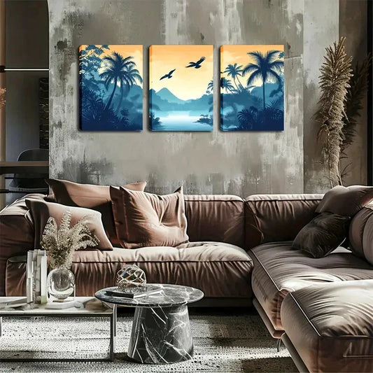 3pcs Coconut Trees Water Orange Sky Perfect Wall Art Set Canvas Framed 40x60cm - High Quality Print 100% Australian Made Wall Canvas Ready to Hang