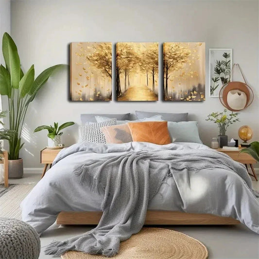 3pcs Earthy Yellow Color And Fallen Leaves Wall Art Set Canvas Framed 40x60cm - High Quality Print 100% Australian Made Wall Canvas Ready to Hang
