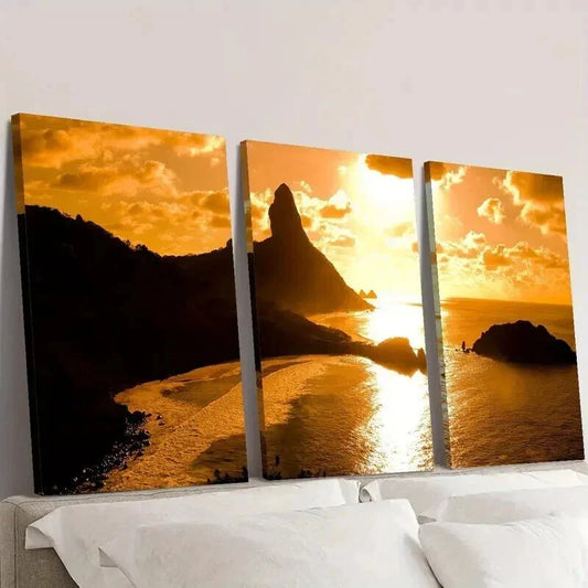 3pcs Sea Sunset Golden Coast Scenery Wall Art Set Canvas Framed 40x60cm - High Quality Print 100% Australian Made Wall Canvas Ready to Hang