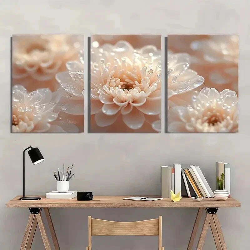 3pcs White Chrysanthemums with Water Droplets Wall Art Set Canvas Framed 40x60cm - High Quality Print 100% Australian Made Wall Canvas Ready to Hang