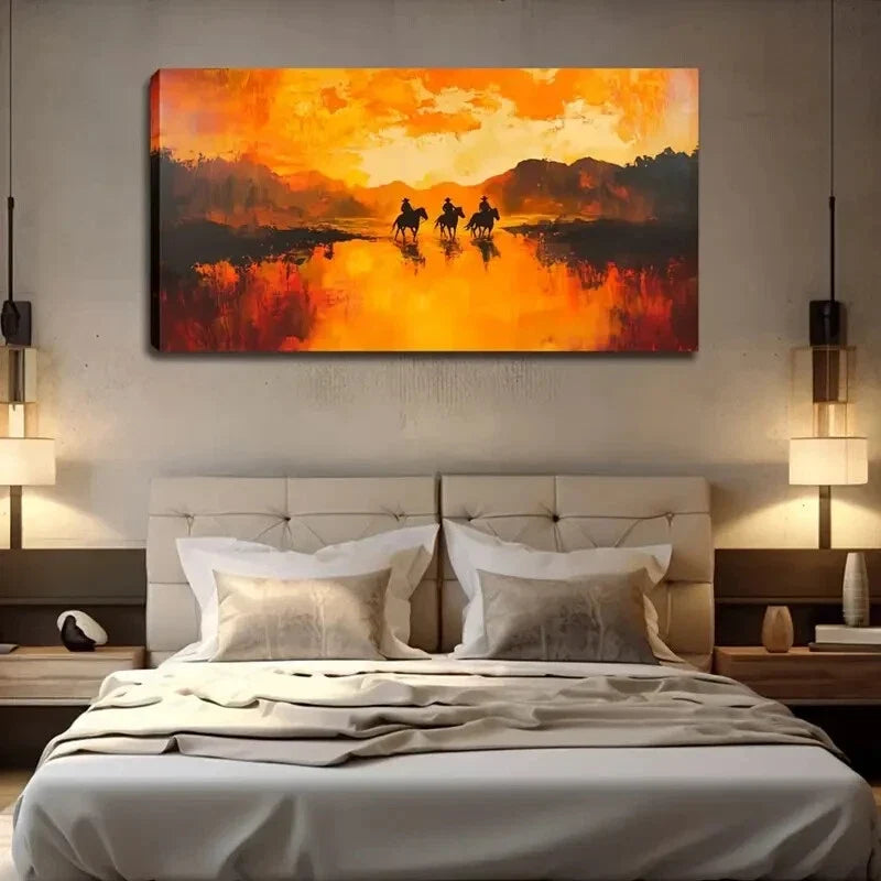 Sunset Horseback Riders Wall Art Canvas Office Home Room Framed 120x60cm