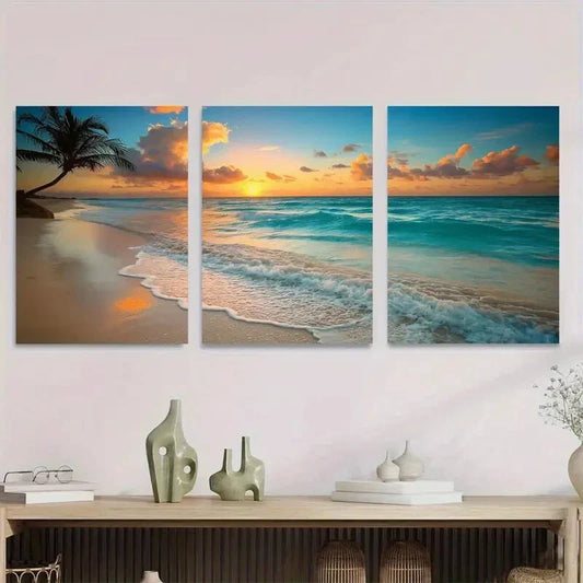 3pcs Beach Sunset Triptych Palm Trees Vibrant Sky Metal Print Ready to Hang Art