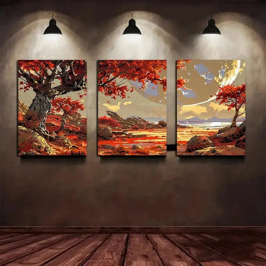 3pcs Autumn Scenery Red Leaf Tree Blue Sky Metal Print Ready to Hang Art