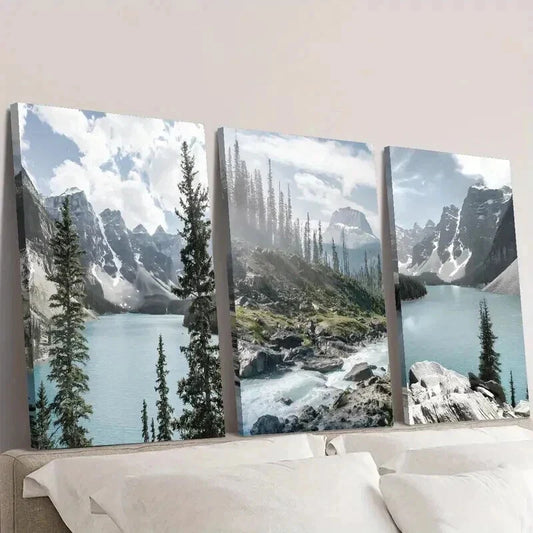 3pcs Lake Louise Snow Mountain and Forest Wall Art Set Canvas Framed 40x60cm - High Quality Print 100% Australian Made Wall Canvas Ready to Hang