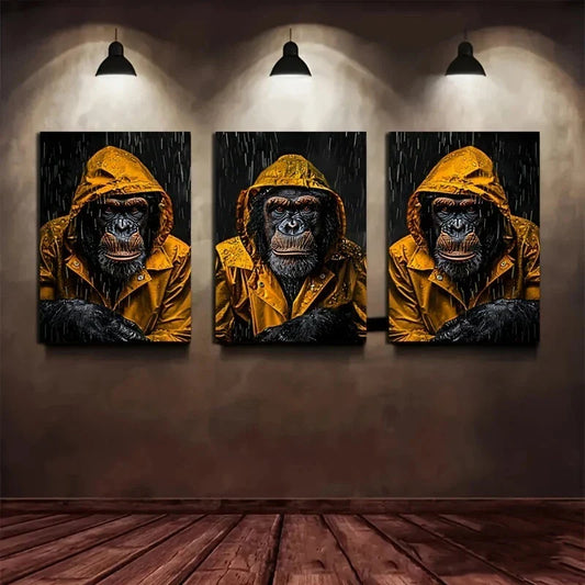 3pcs Three Gorillas Yellow Rain Court Metal Print Ready to Hang Art