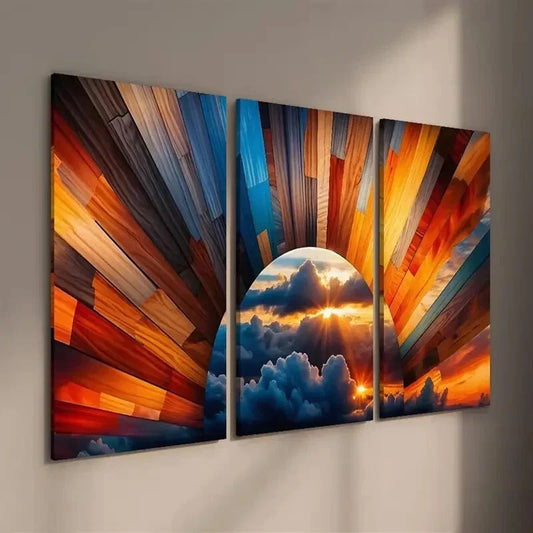 3pcs Cloudy Sunrise and Sunlight in the Sky Wall Art Set Canvas Framed 40x60cm - High Quality Print 100% Australian Made Wall Canvas Ready to Hang