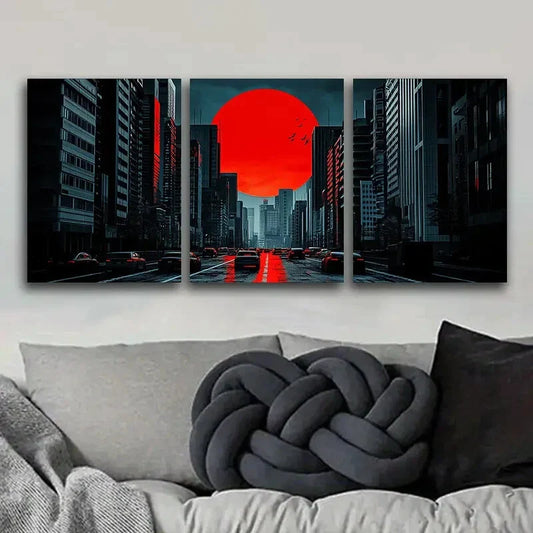 3pcs The moon over the city Art Painting Metal Print Ready to Hang Art
