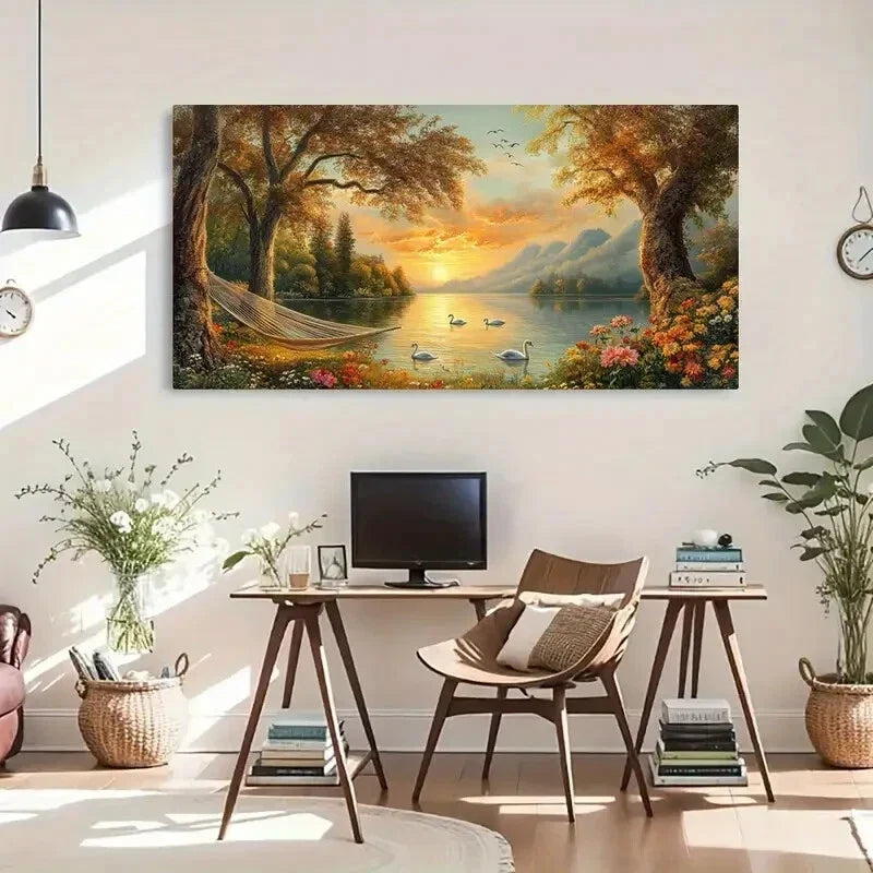 Tranquil Lake & Golden Sunset Wall Art Canvas Office Home Room Framed 80x45cm
