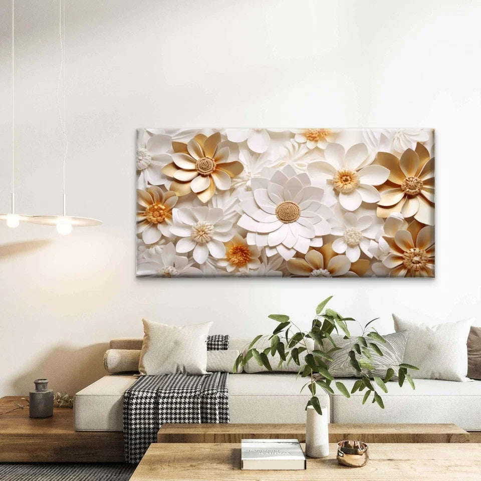 Elegant Gold White Paper Flower Wall Art Canvas Office Home Room Framed 80x45cm