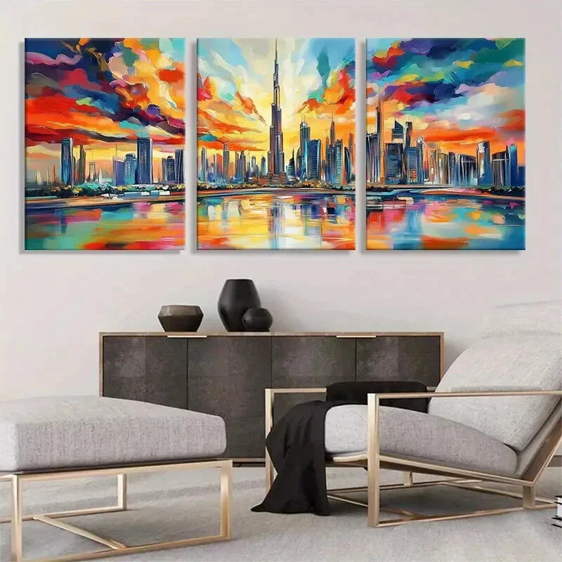 3pcs Vibrant Cityscape Colorful Skyline Perfect Wall Art Set Canvas Framed 40x60cm - High Quality Print 100% Australian Made Wall Canvas Ready to Hang