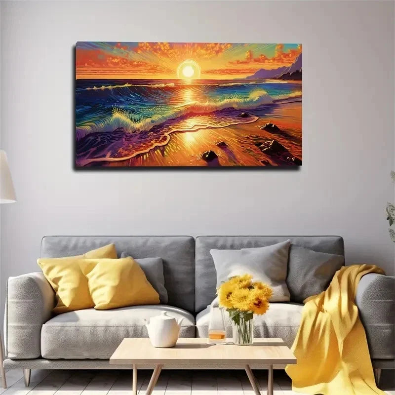 Sandy Shore & Sunrise Sky Wall Art Canvas Office Home Room Framed 80x45cm