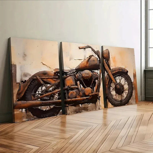 3pcs Modern Art Abstract Motorcycle Brown Art Wall Art Set Canvas Framed 40x60cm - High Quality Print 100% Australian Made Wall Canvas Ready to Hang