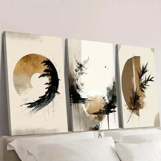 3pcs Natural Beige Wash Leaf & Zen Landscape Wall Art Set Canvas Framed 40x60cm - High Quality Print 100% Australian Made Wall Canvas Ready to Hang